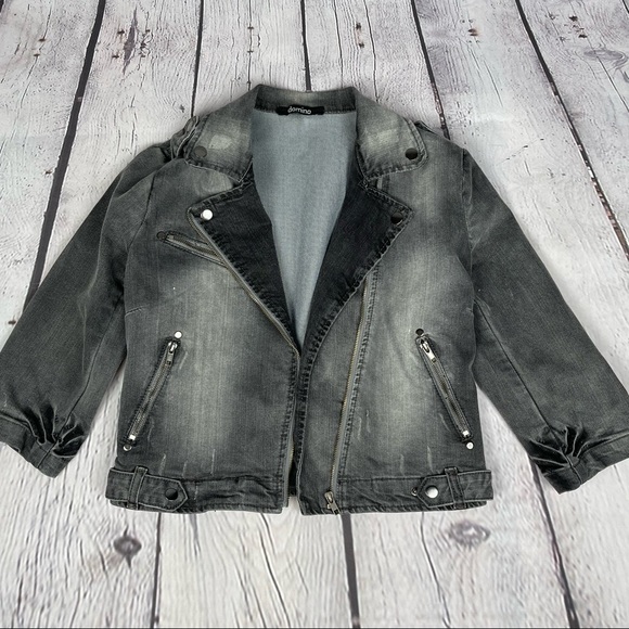 DOMINO women's black grey denim distressed moto jean jacket 3/4 sleeves, size M - Picture 11 of 13